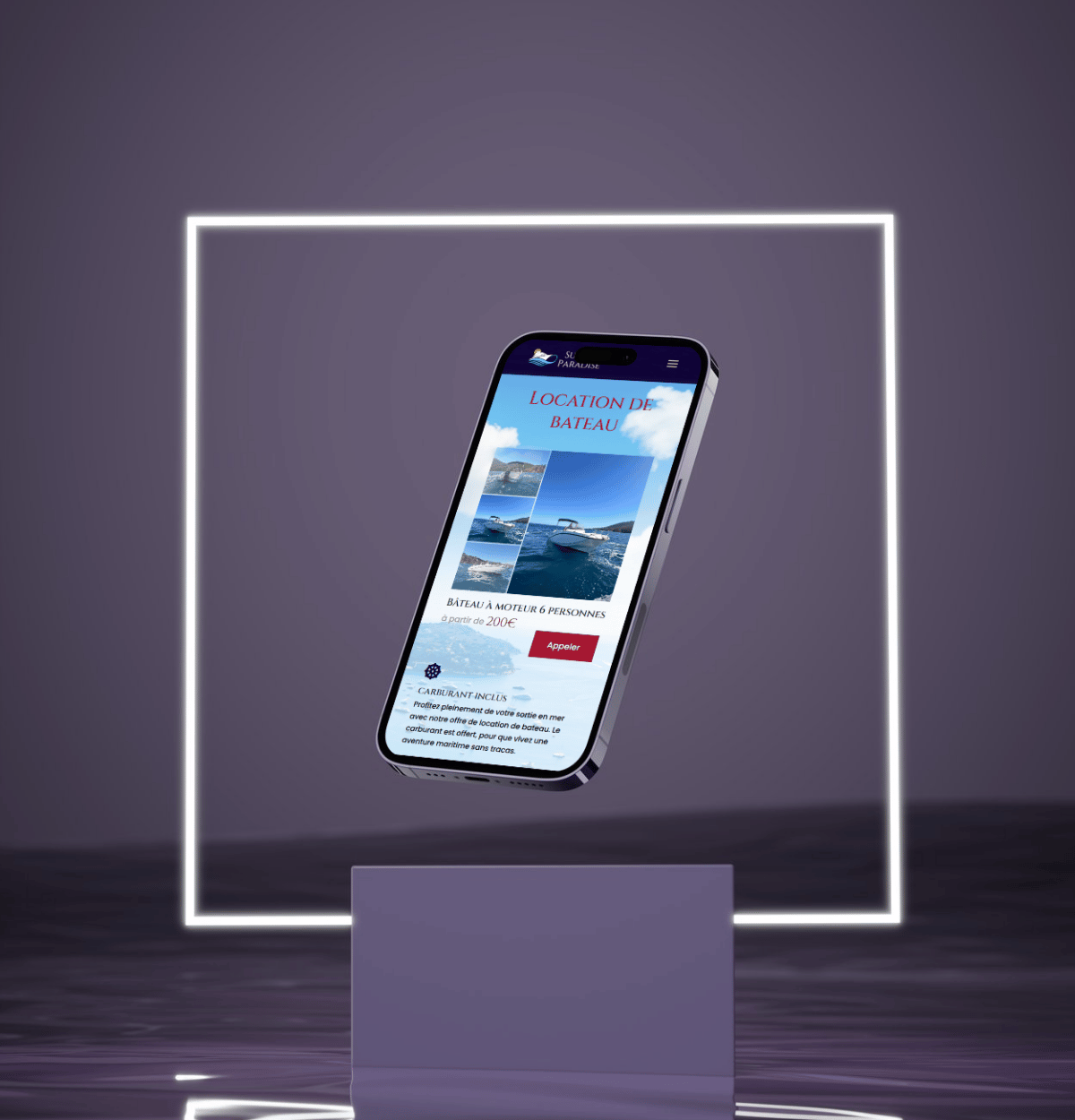 Smartphone affichant une page web élégante en lévitation devant un fond violet avec un cadre lumineux blanc